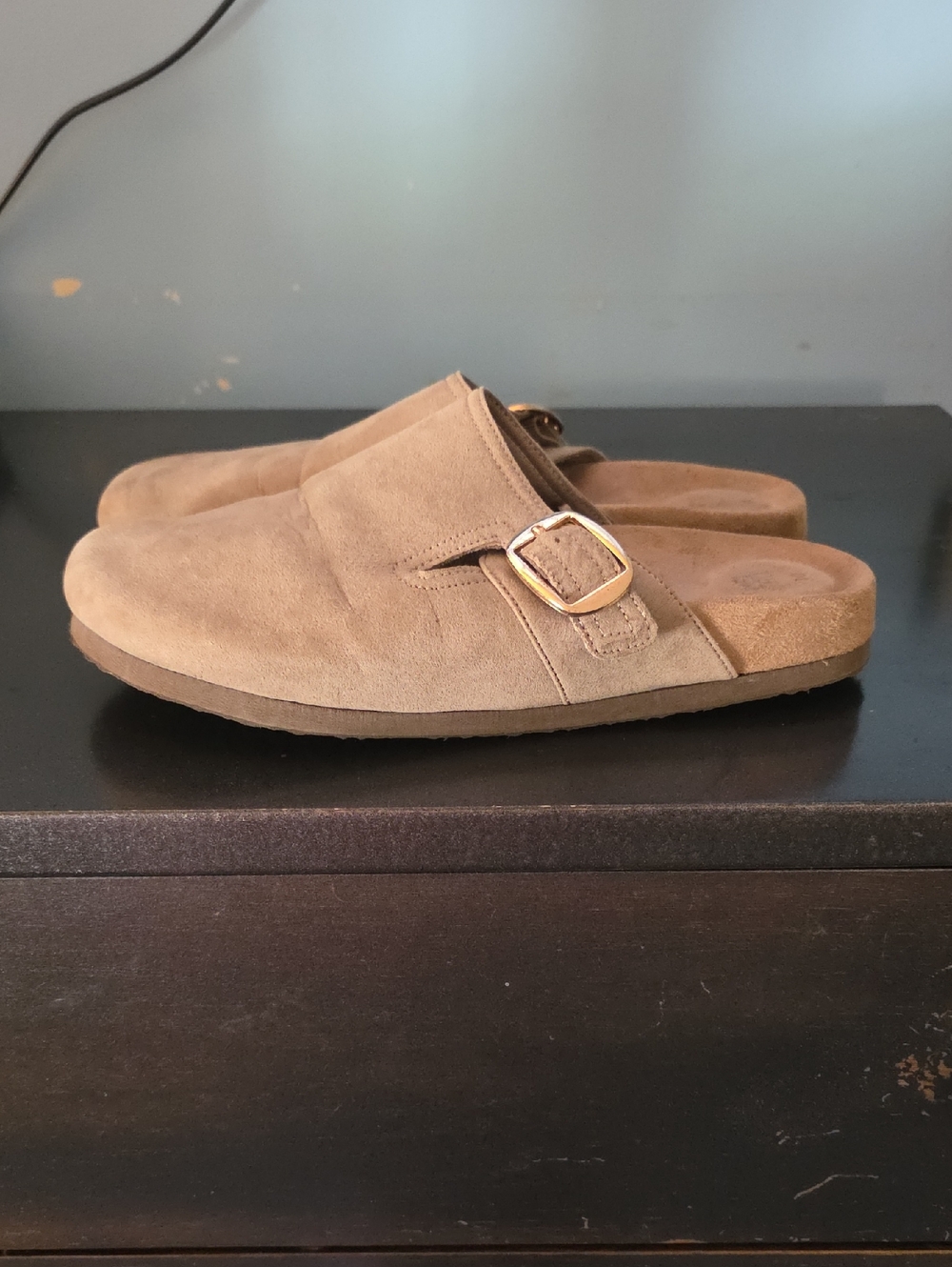 Time and Tru Tan Suede Slip-On Mules with Gold Buckle